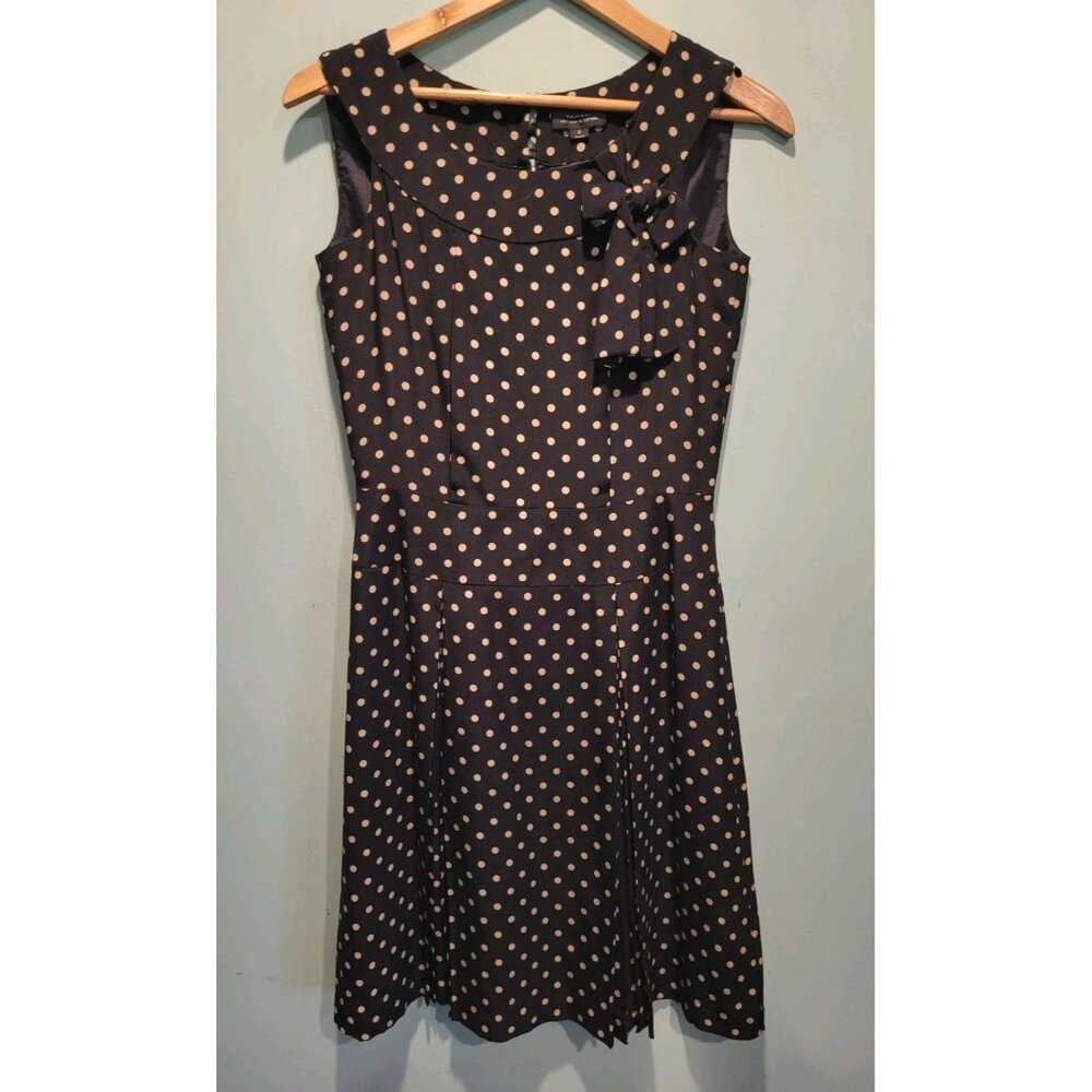Tahari Arthur Lavine 100% Silk Black Tan Polkadot Dress Bow Office Sz 2